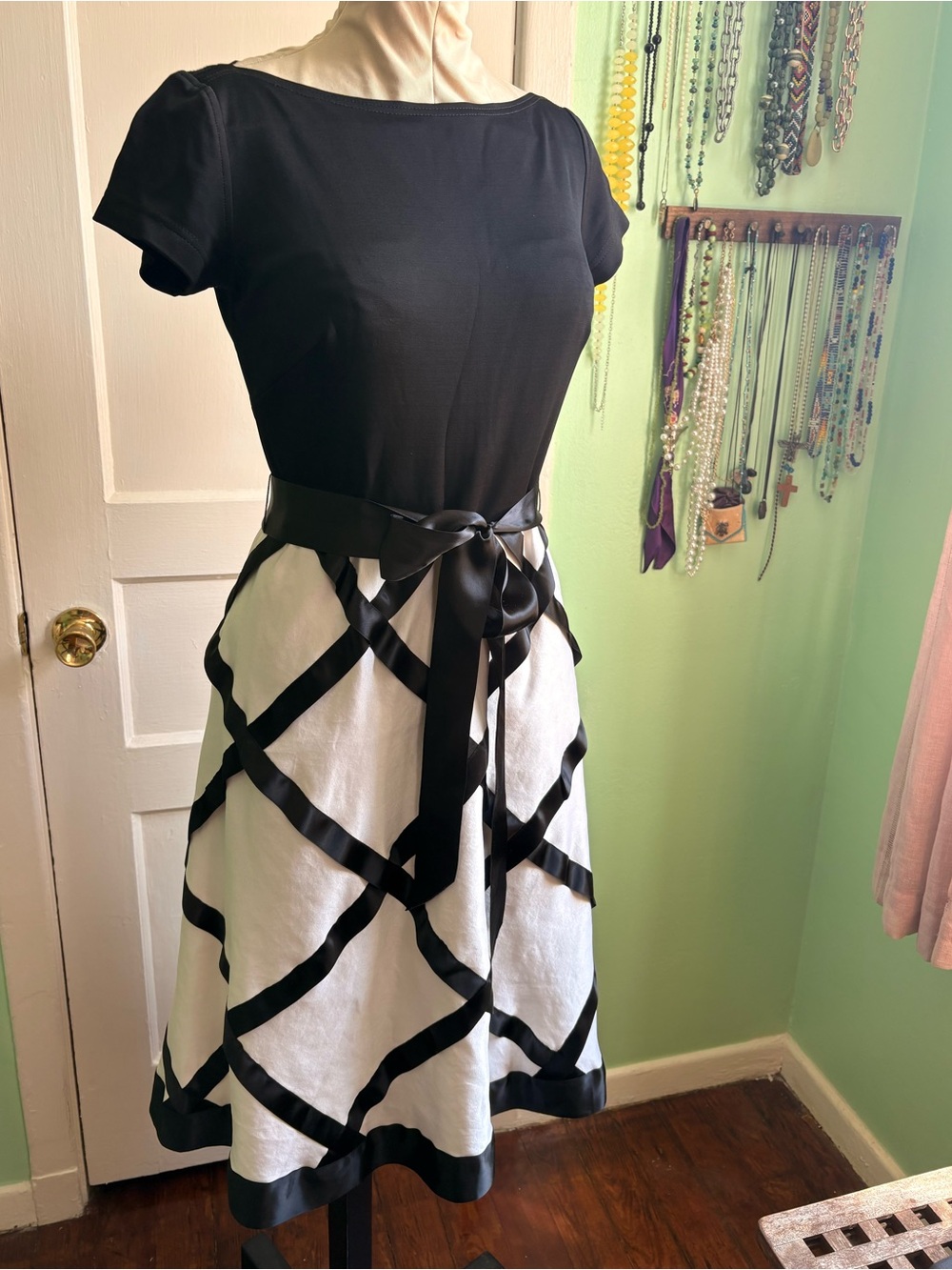 Tadashi Shoji Silk Black and White Fit-and-Flare Dress